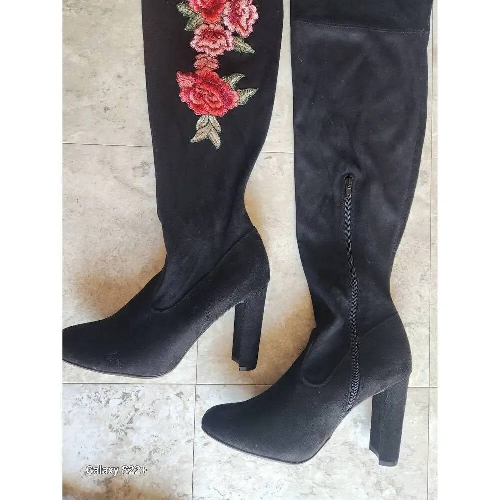 JustFab Tibbie floral embroidered over the knee boots